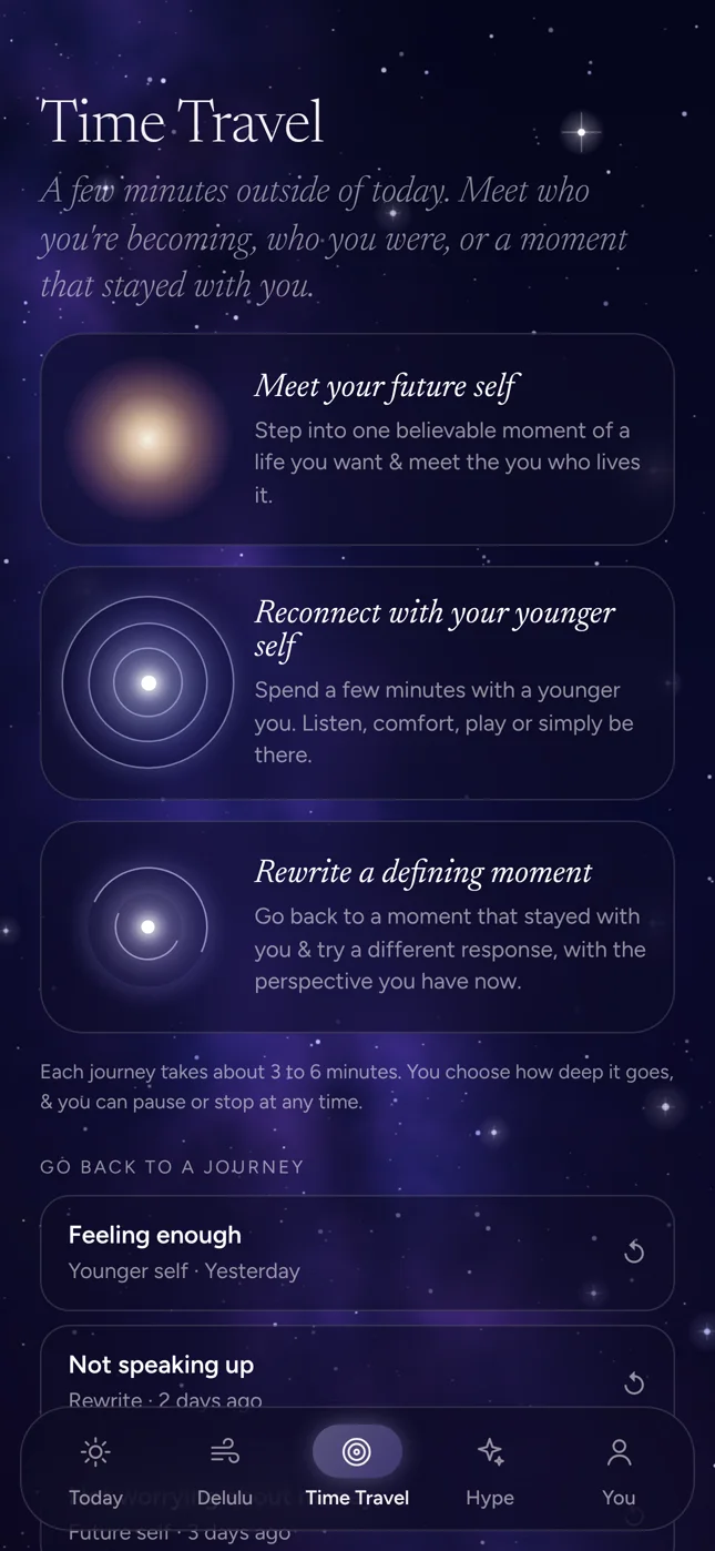 The Time Travel tab: meet your future self, reconnect with your younger self or rewrite a defining moment.