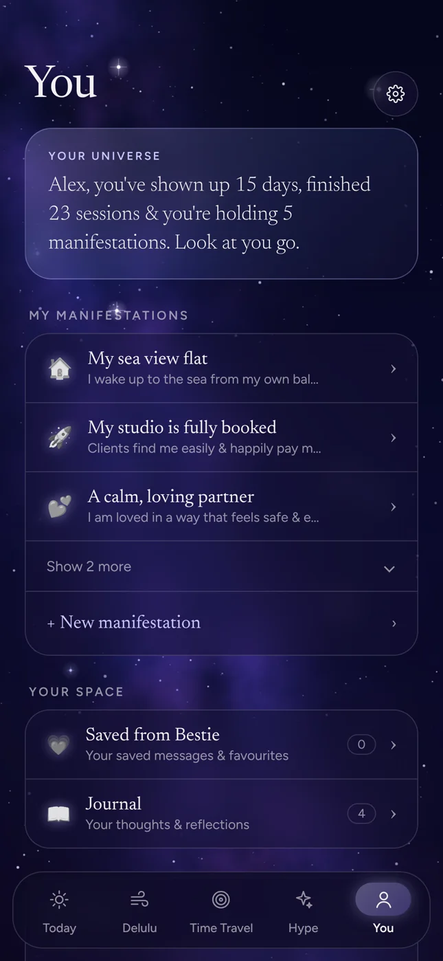 The You tab: days shown up, sessions, manifestations, saved lines & the journal.
